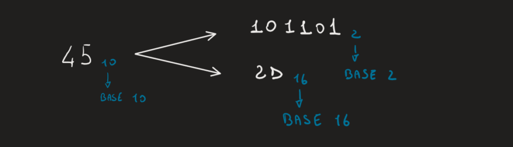 Representation of information in base 2, base 10, and base 16